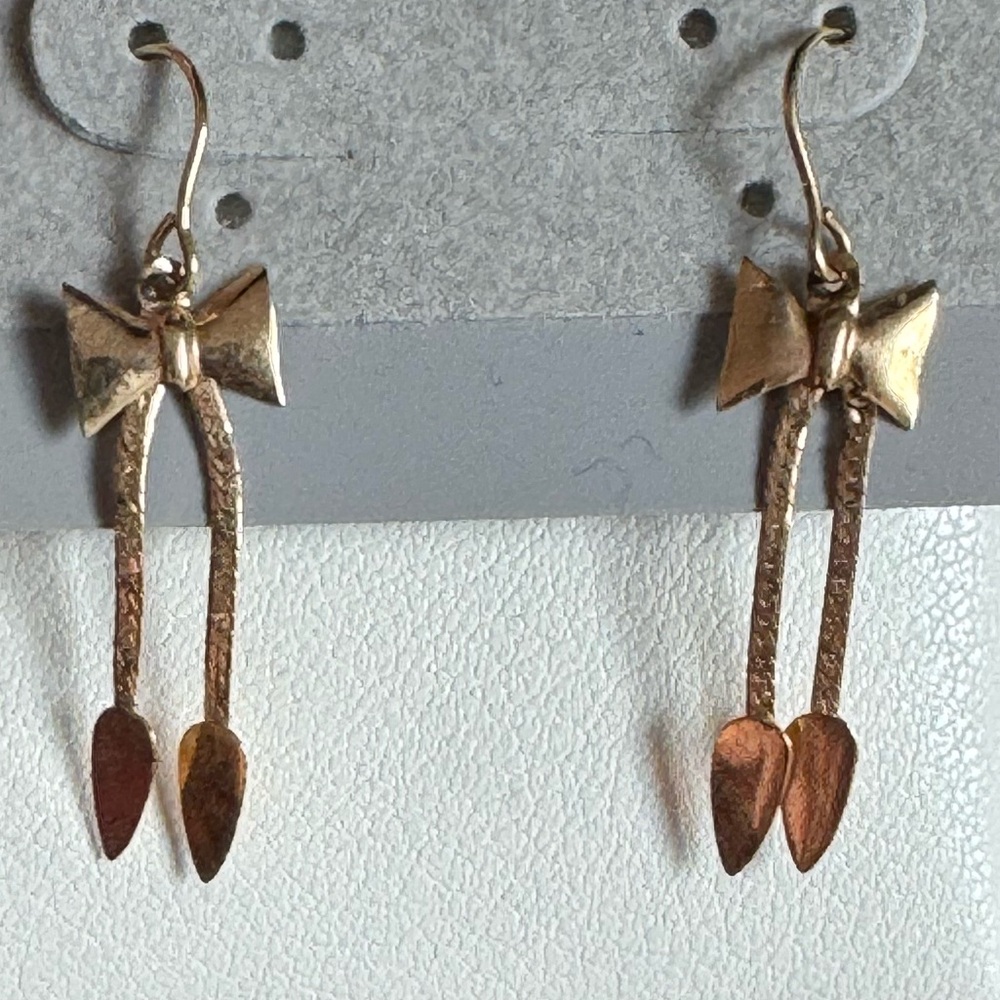 14k Yellow Gold Bow Herringbone Chain Fringe Dangle Vintage Earrings